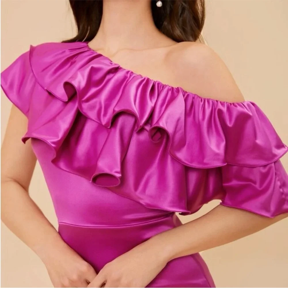 Pink Asymmetrical Neck Ruffle Trim Dress - Picture 6 of 6